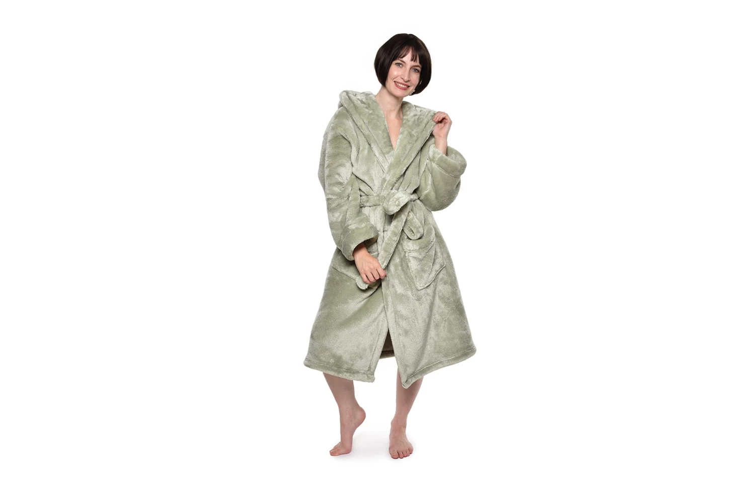 Deep Fleece Bathrobe With Hood (Desert Sage) 1 Deep Fleece Bathrobe With Hood (Desert Sage)