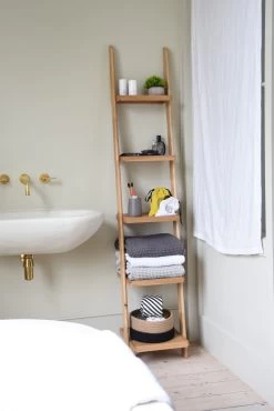 Narrow Oak Leaning Ladder Shelves -Cozy Home Shop FC Yoku Towels Clay LF 5