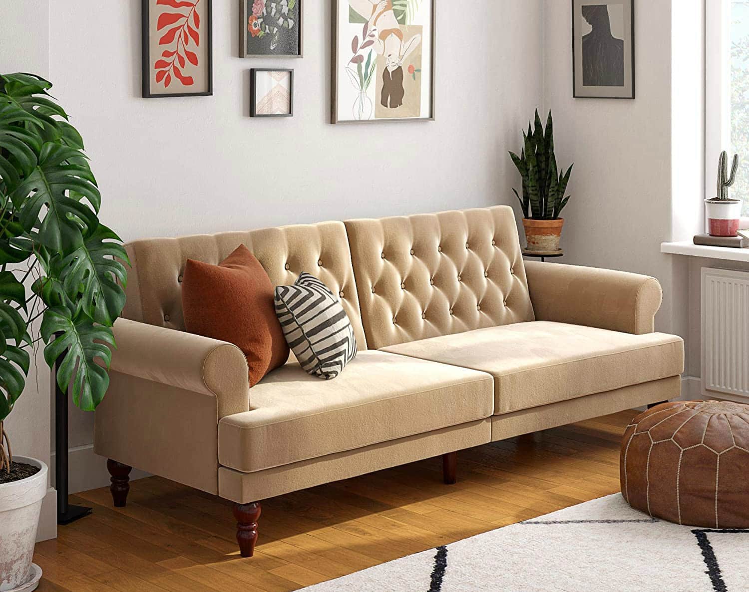Cozy Home Shop -Cozy Home Shop Novogratz Upholstered Cassidy Convertible Couch Ivory Velvet Futon
